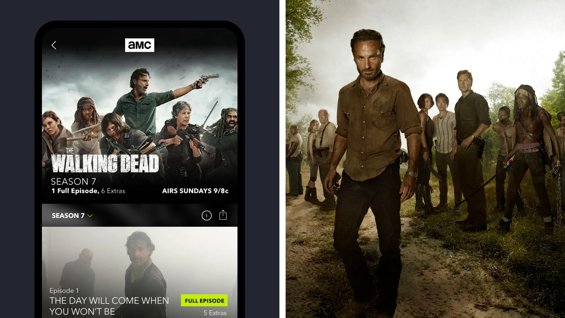 The AMC app’s The Walking Dead season 7 page on a phone, beside the show’s cast