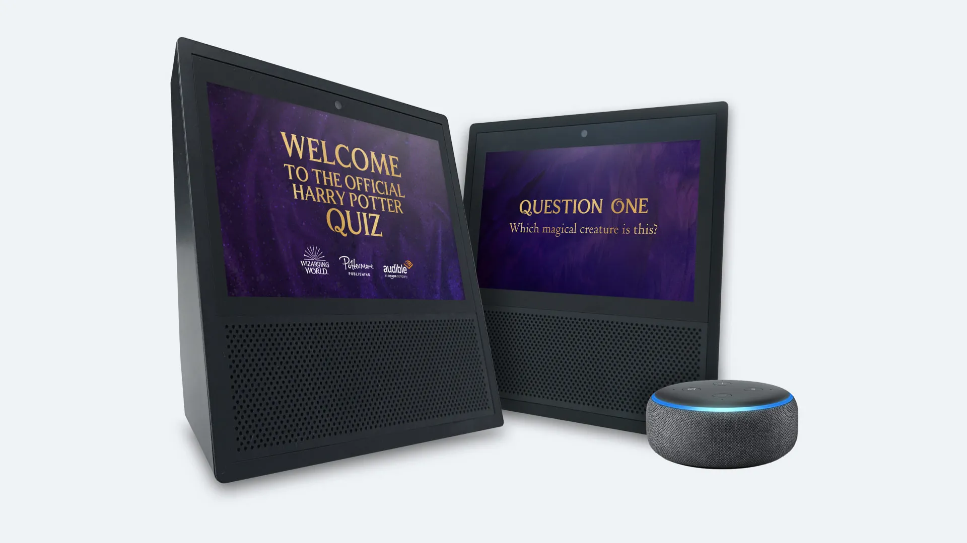 The Official Harry Potter Quiz on two Echo Show devices, the welcome screen and question one, beside an Echo Dot
