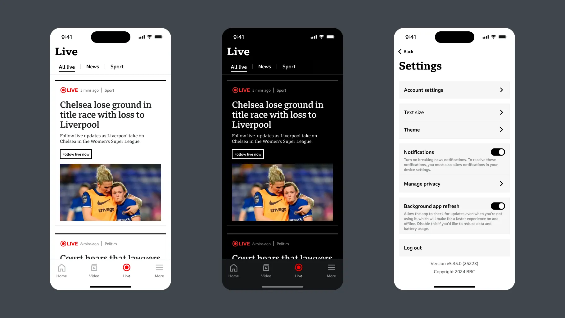 The BBC app’s Live page in light and dark themes, and its Settings screen
