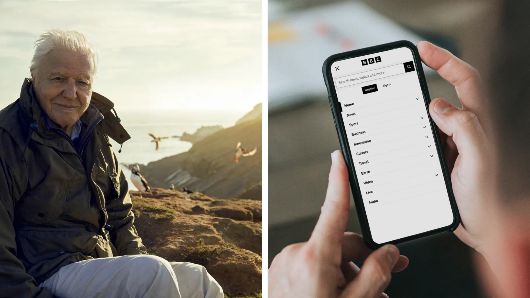 David Attenborough on a clifftop with puffins, beside a hand holding a phone open at the BBC app’s navigation menu