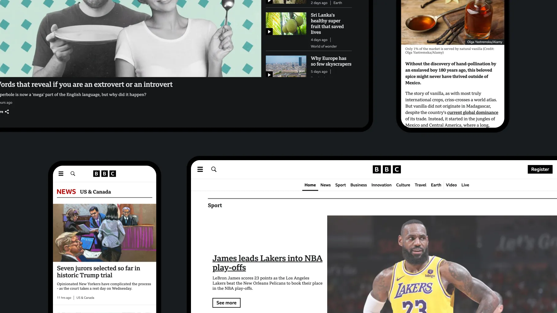 BBC.com on phones, a tablet and a desktop, showing a feature article, US and Canada news and the Sport front page