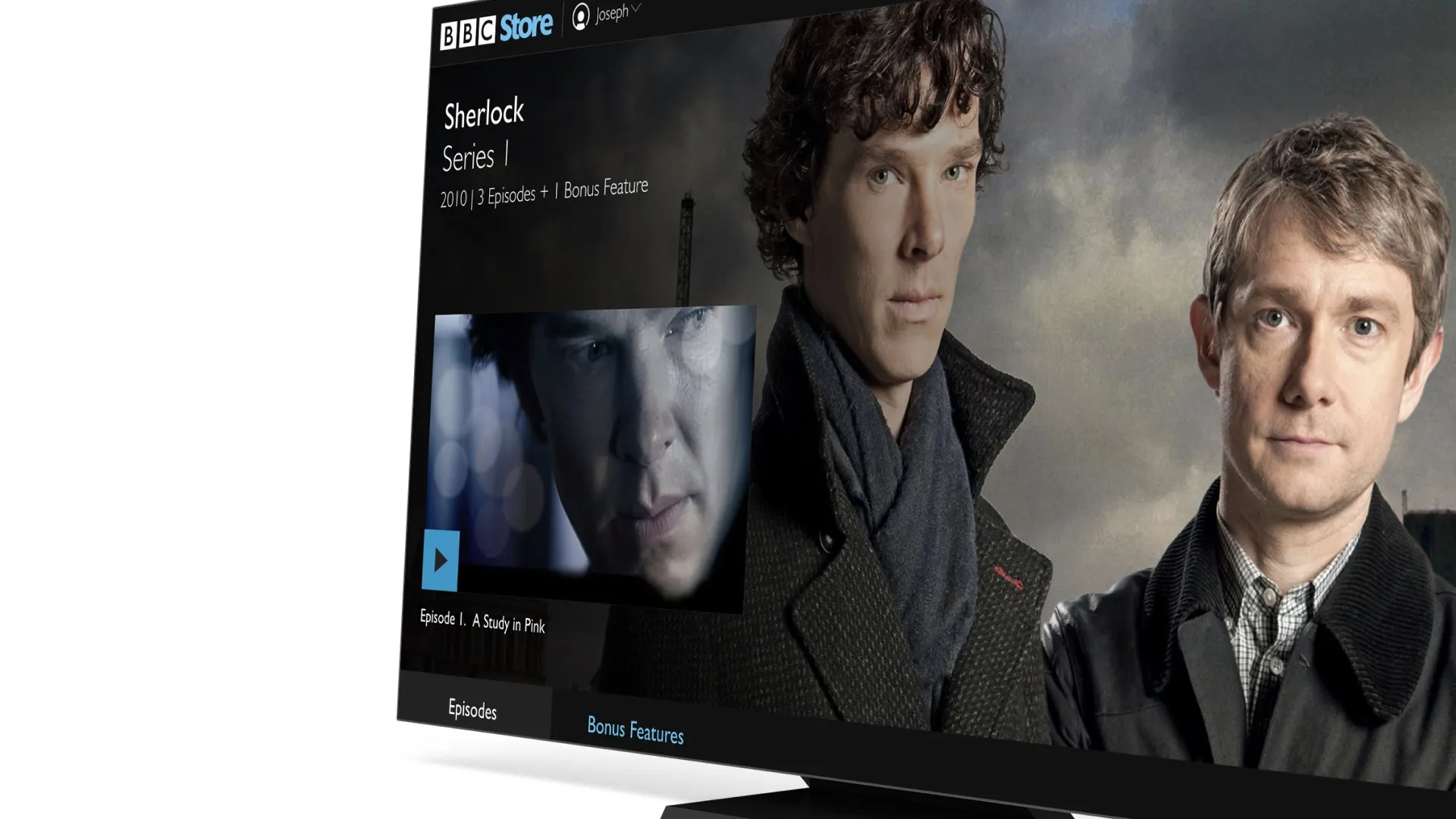 BBC Store on a TV: Sherlock Series 1, with episode one, A Study in Pink, and a Bonus Features tab