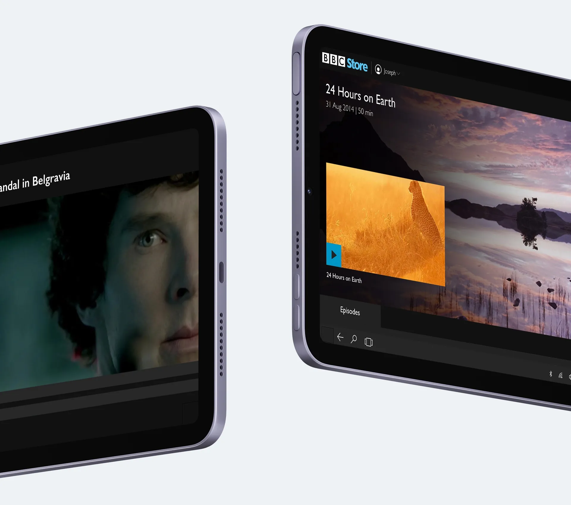 BBC Store on two tablets: Sherlock’s A Scandal in Belgravia playing, and the 24 Hours on Earth programme page