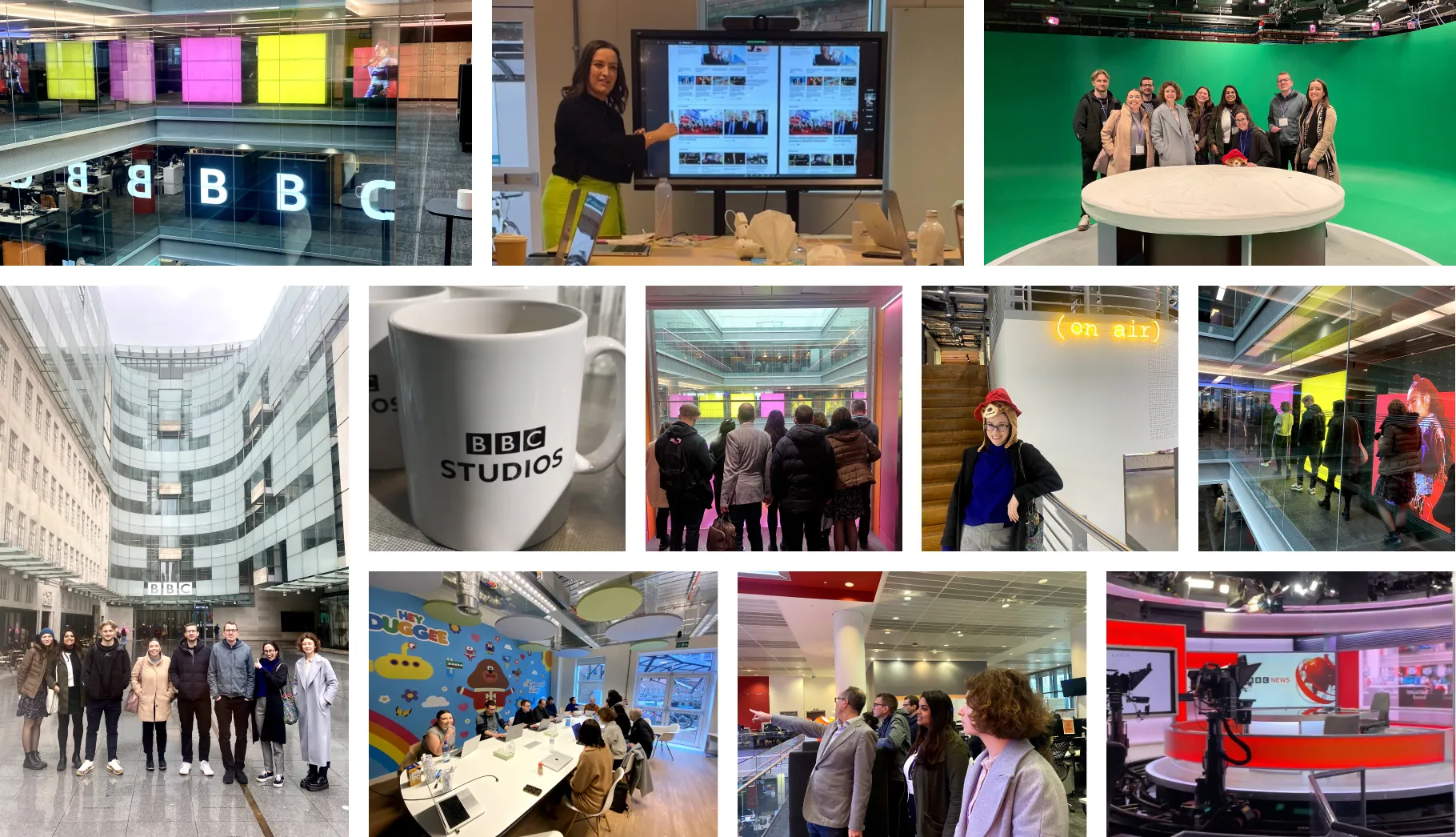 Photo collage of the UIC and BBC teams at BBC offices and studios, including Broadcasting House and a news studio