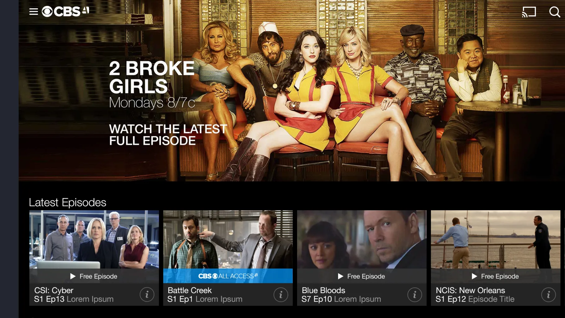 The CBS app home screen, featuring 2 Broke Girls above a row of latest episodes