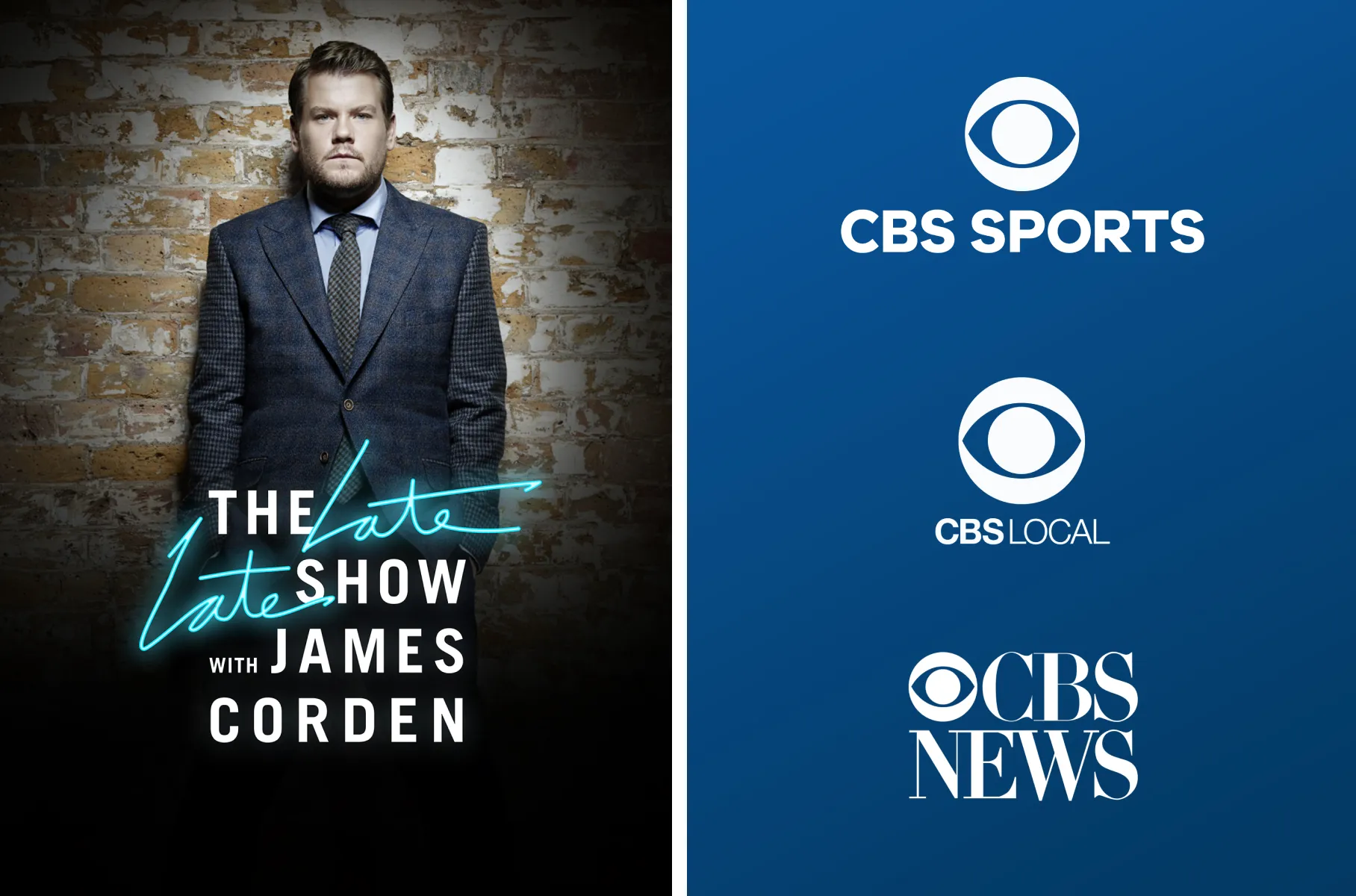 The Late Late Show with James Corden artwork beside the CBS Sports, CBS Local and CBS News logos