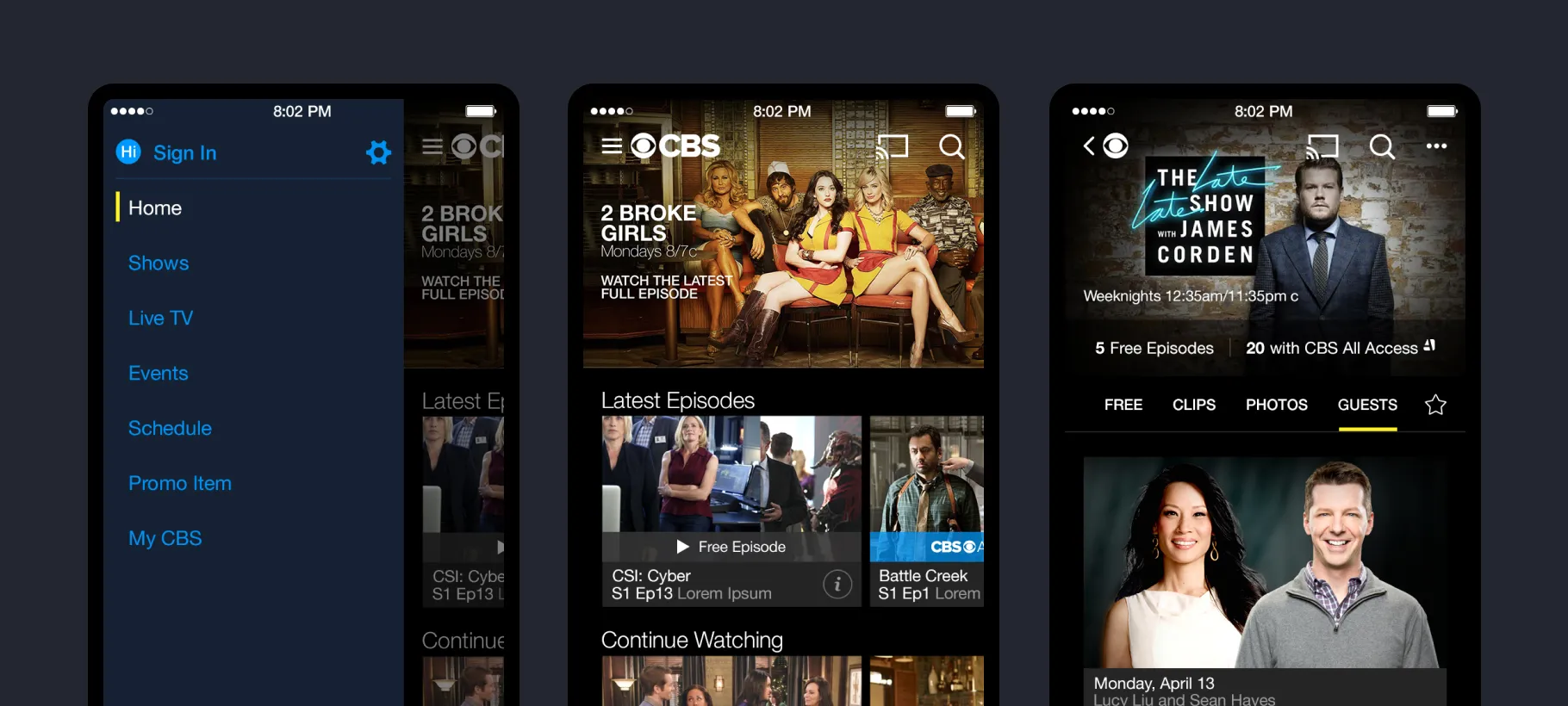 Three CBS app screens on phones: the menu, the home screen and The Late Late Show with James Corden