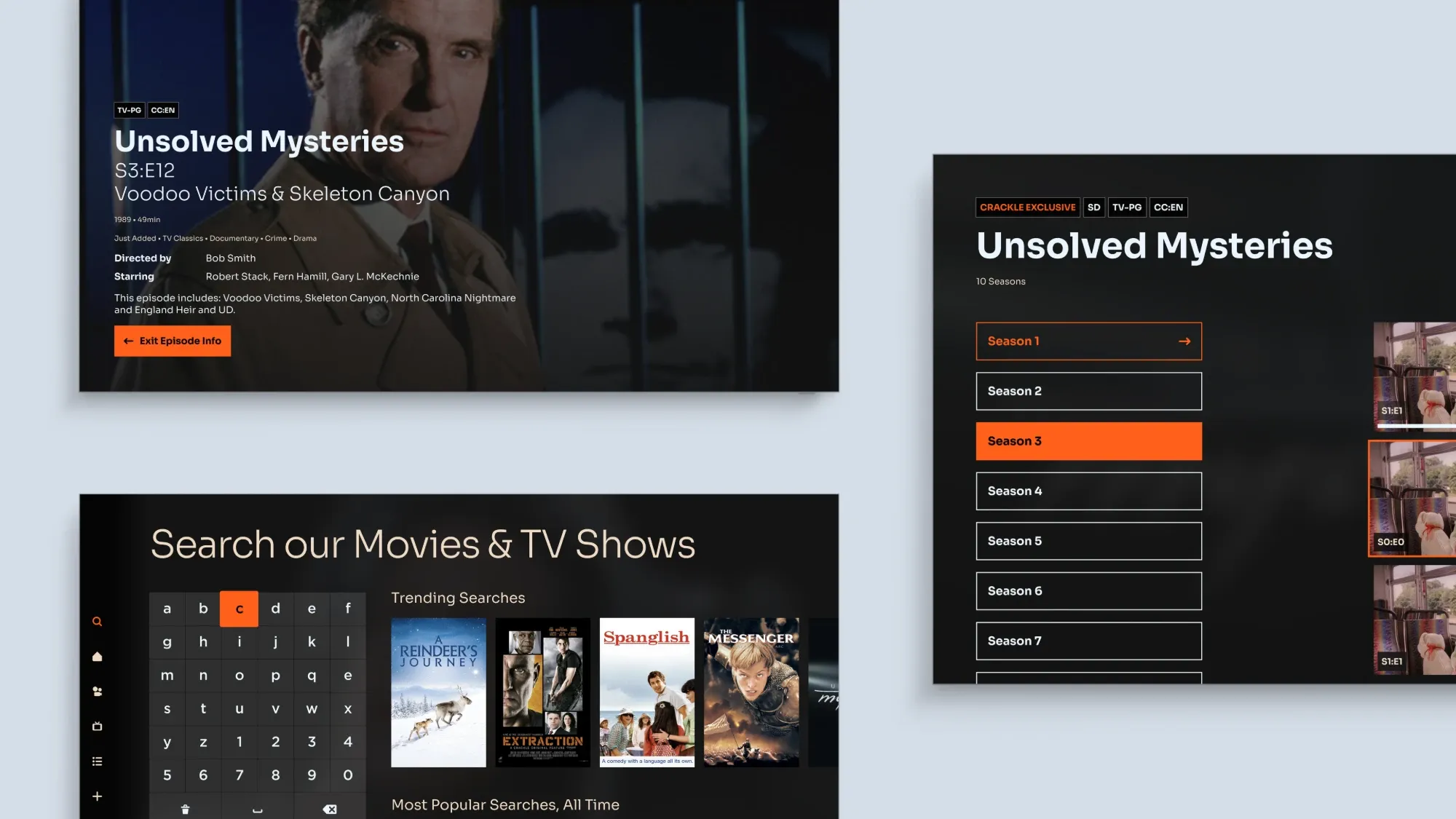 Three Crackle app screens: episode details for Unsolved Mysteries, its season list, and search with an on-screen keyboard and trending titles