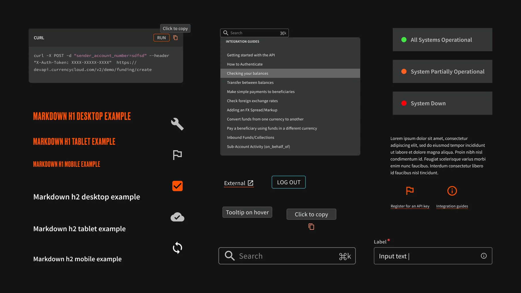 Developer Centre interface components: a code snippet with copy button, search, system status indicators, headings at three breakpoints, icons and form fields