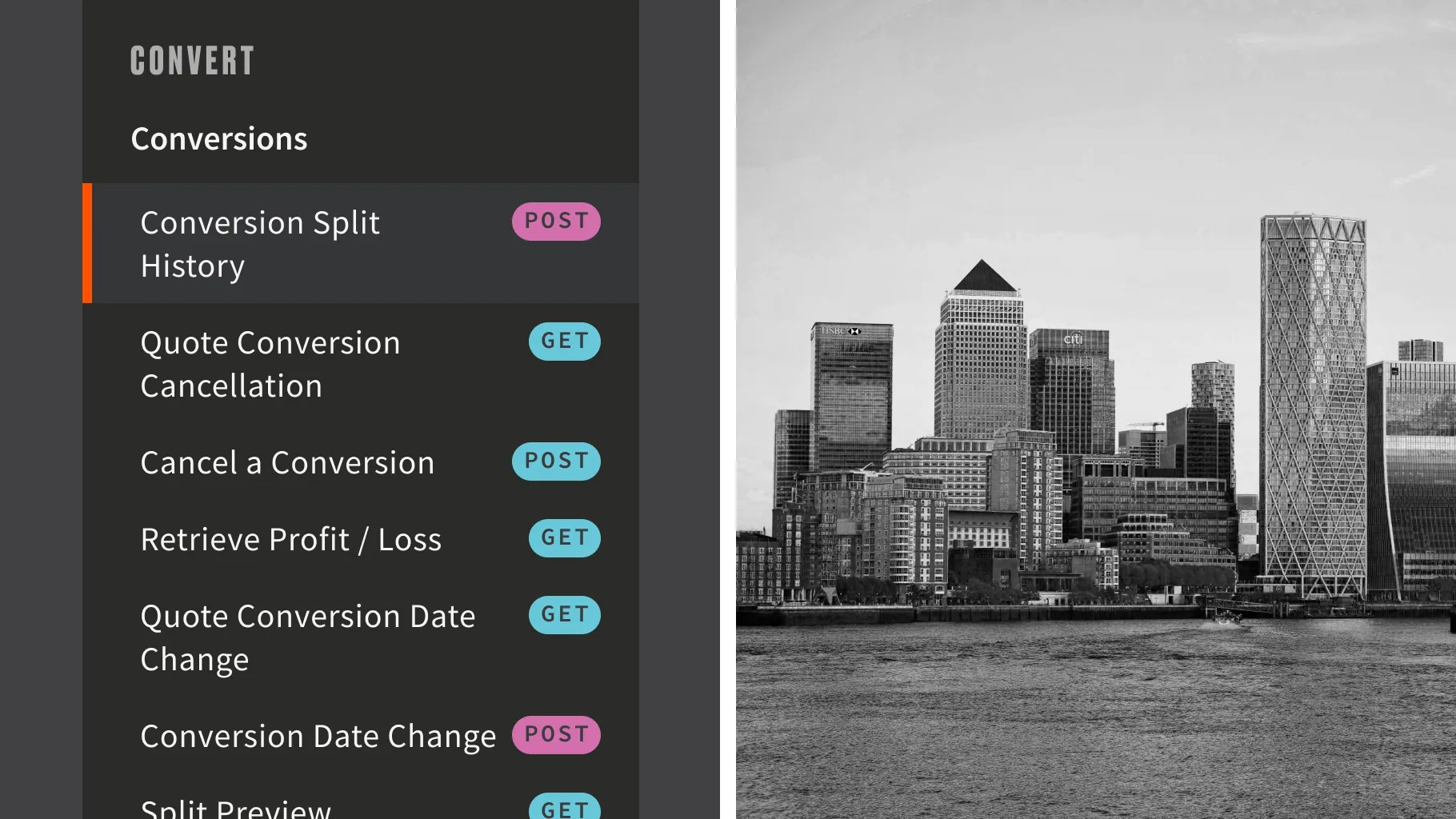 The Developer Centre’s Convert menu listing conversion API endpoints, beside a black and white photo of the Canary Wharf skyline