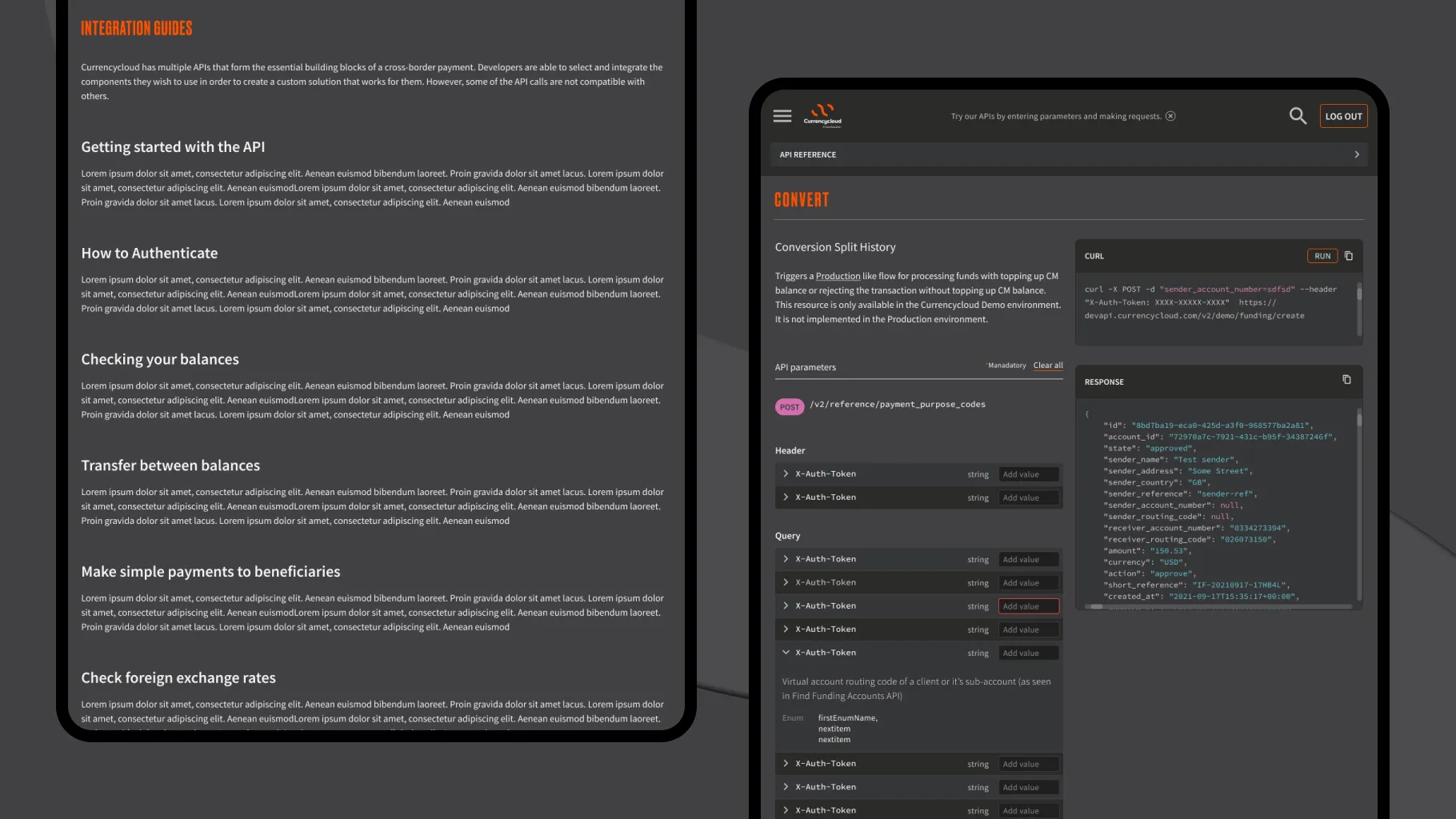 The Developer Centre on two tablets, showing integration guides and an API reference page with parameters and a sample response