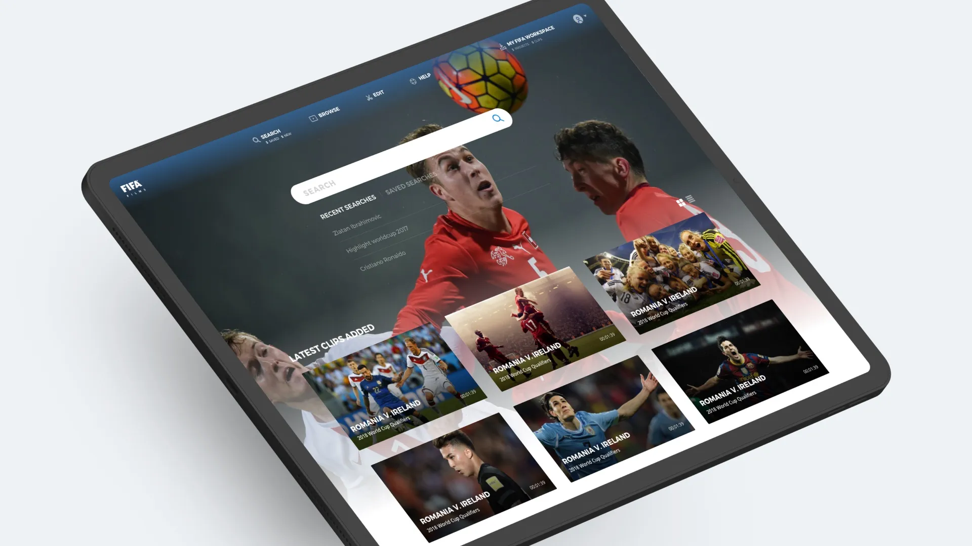 The FIFA archive on a tablet: a search bar with recent searches over the latest clips added