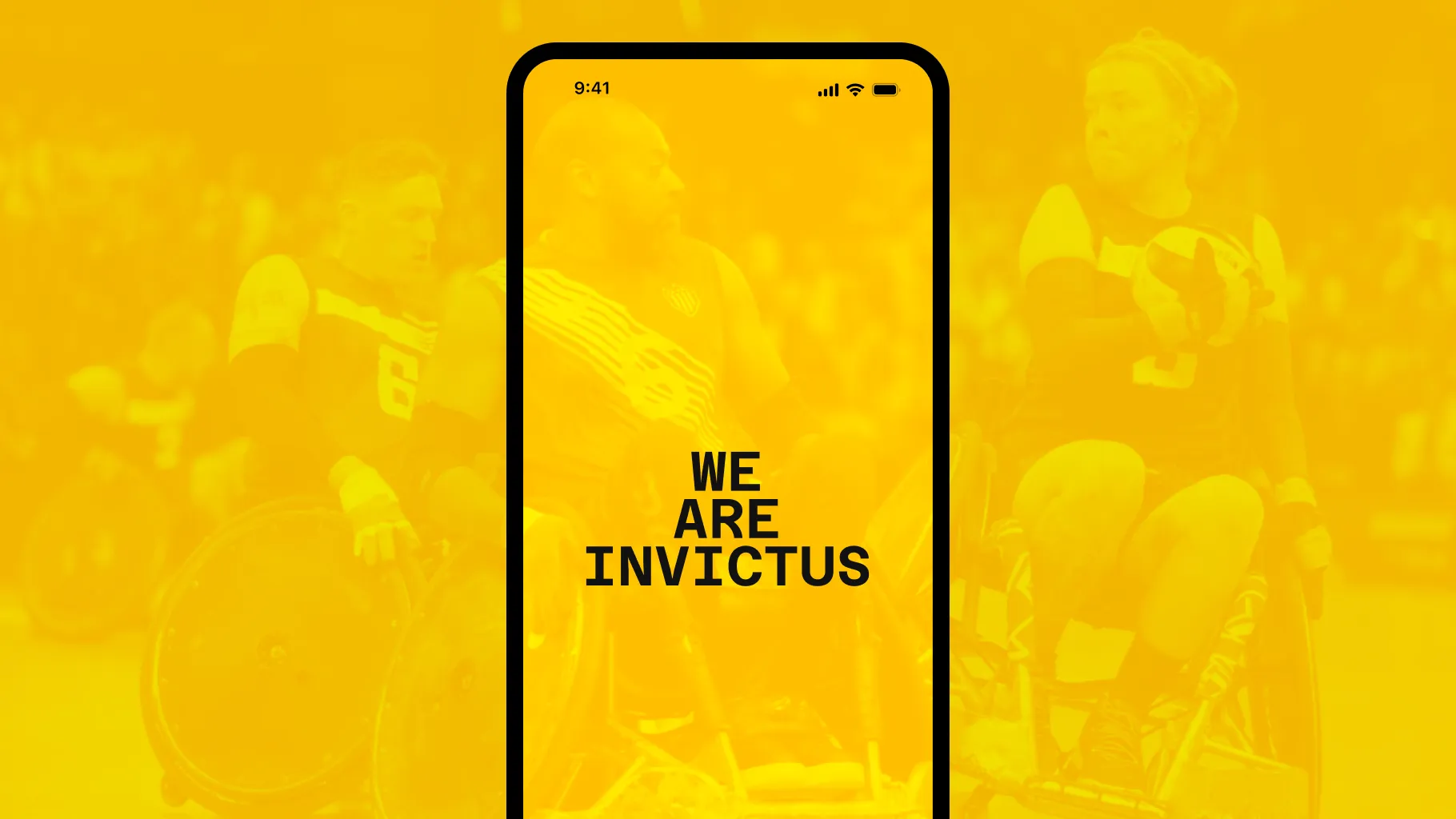 The We Are Invictus splash screen on a phone, over a yellow-tinted photo of wheelchair rugby