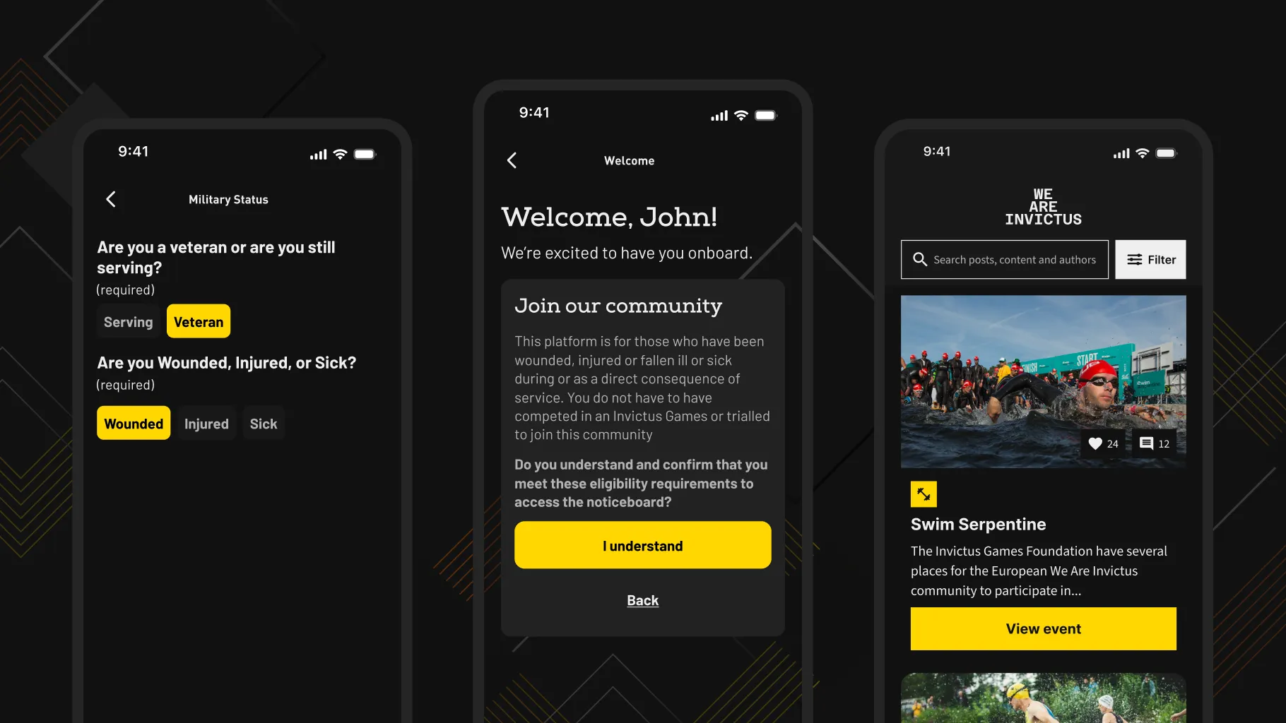 Three app screens on dark phones: military status, the welcome and eligibility check, and the community feed with the Swim Serpentine event
