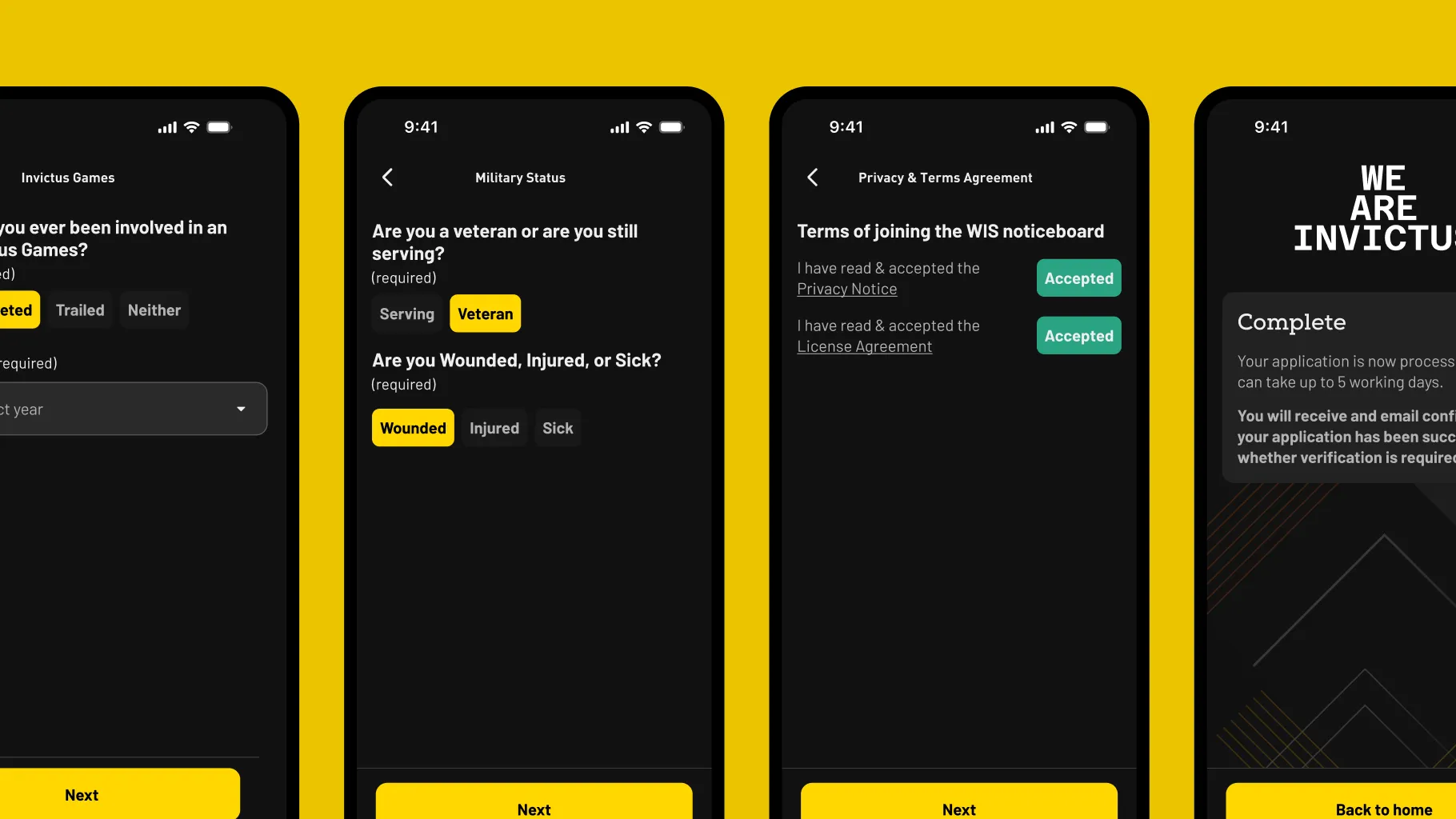 Four sign-up screens on phones: Invictus Games involvement, military status, privacy and terms, and complete