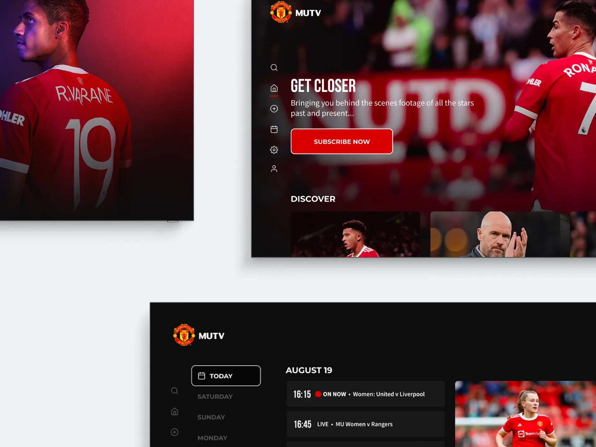Three MUTV TV screens: a player, the Get Closer home page and the live schedule