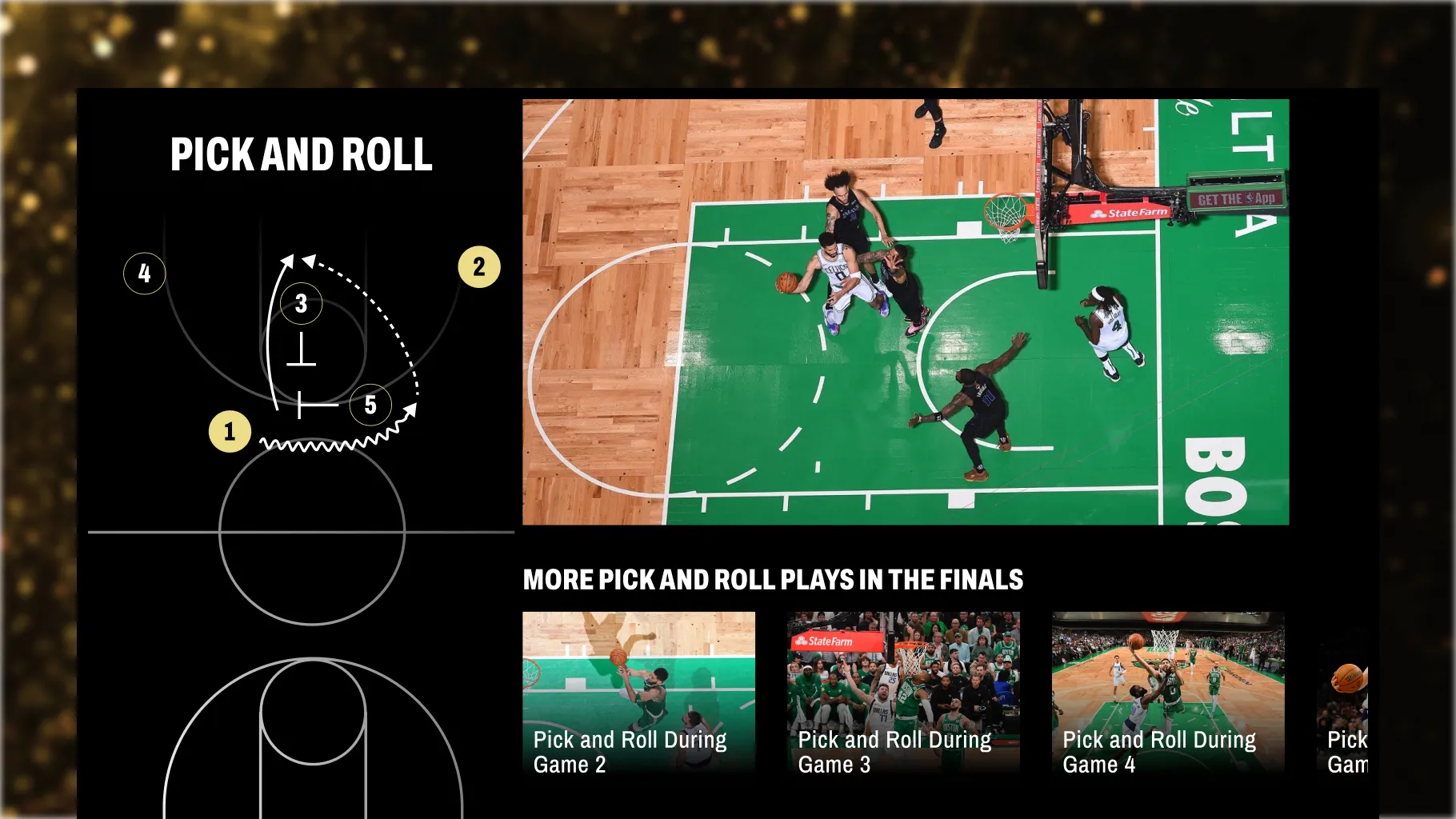 The AI Content Concierge explaining the pick and roll: a play diagram beside an overhead shot of the move in the Finals, over more pick and roll plays from Games 2, 3 and 4