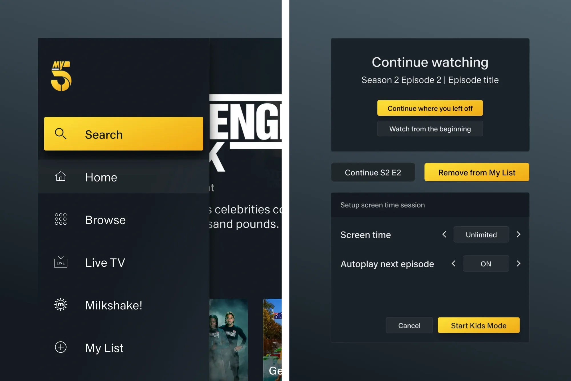My5 on TV: the side menu with Search, Home, Browse, Live TV, Milkshake! and My List, beside continue watching options and a Kids Mode screen time setup