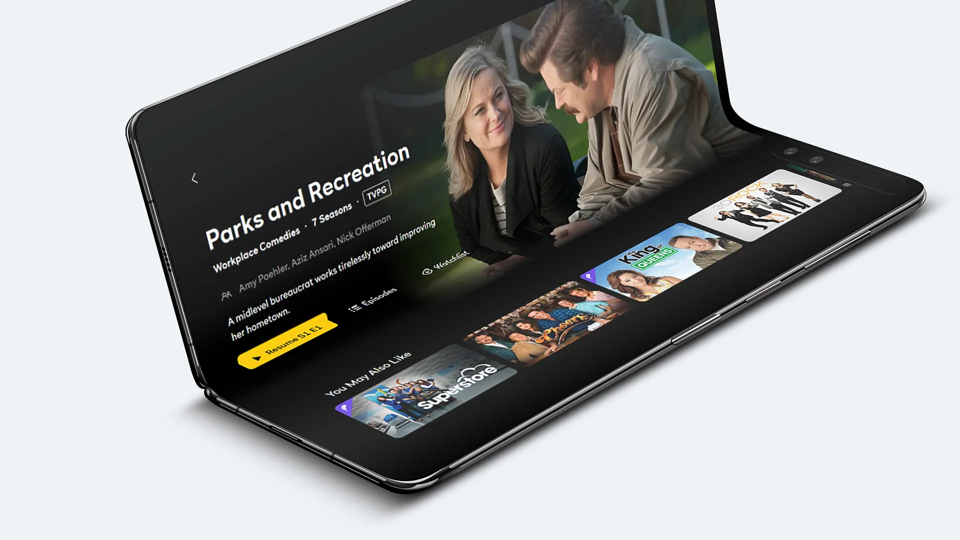 The NBC app on a foldable phone, showing Parks and Recreation with You May Also Like below