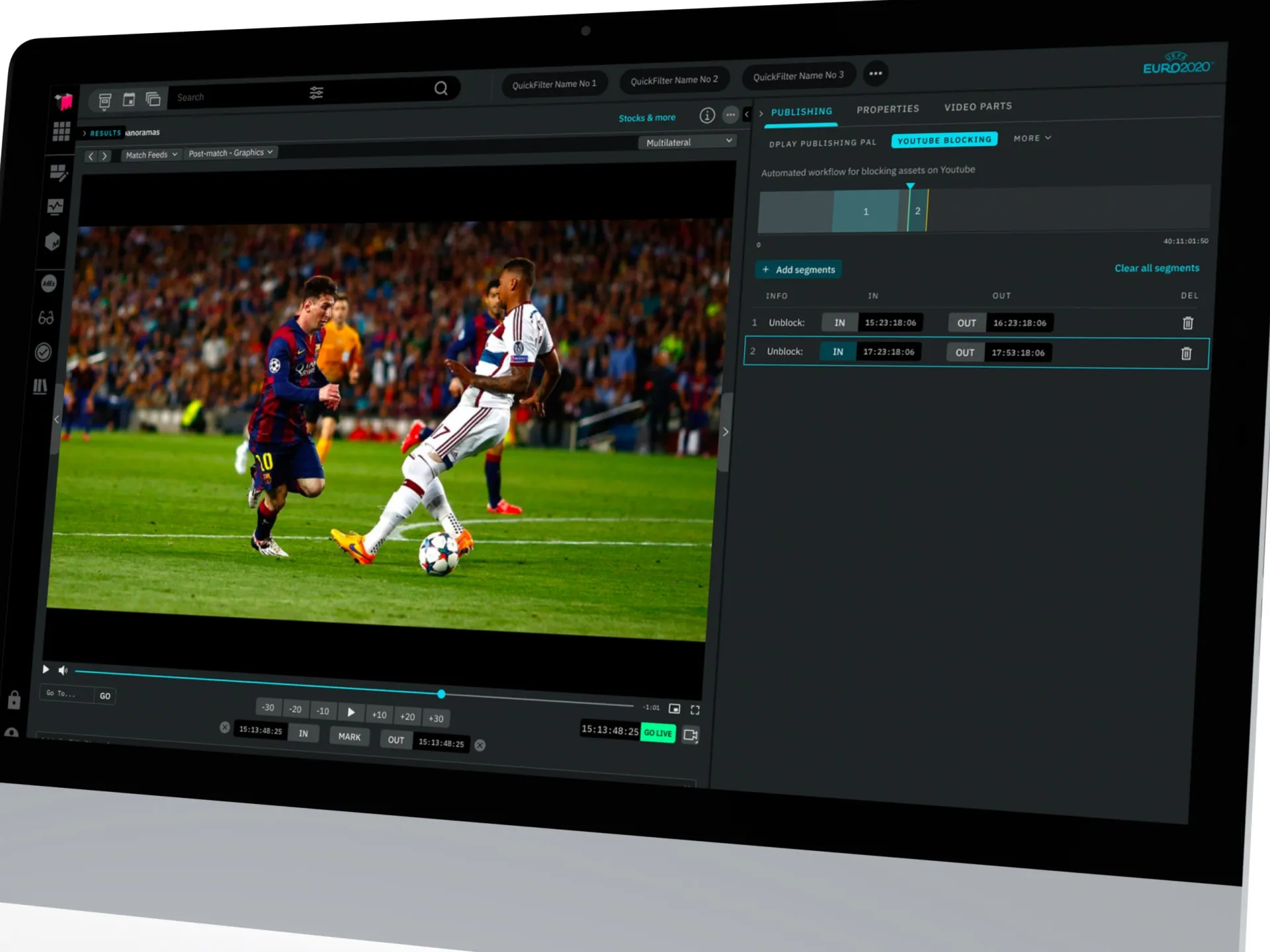 Mediabank on a desktop, with a football clip in the player and YouTube blocking segments set on the right