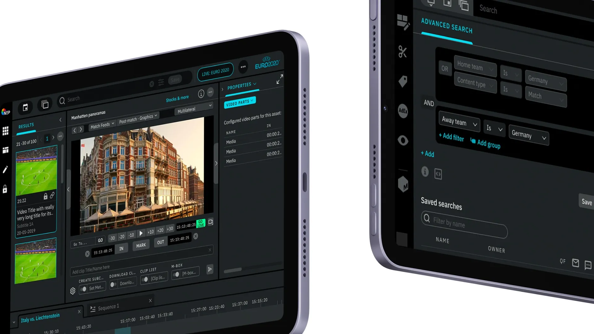 Mediabank on two tablets: search results beside a clip, and an advanced search with filters