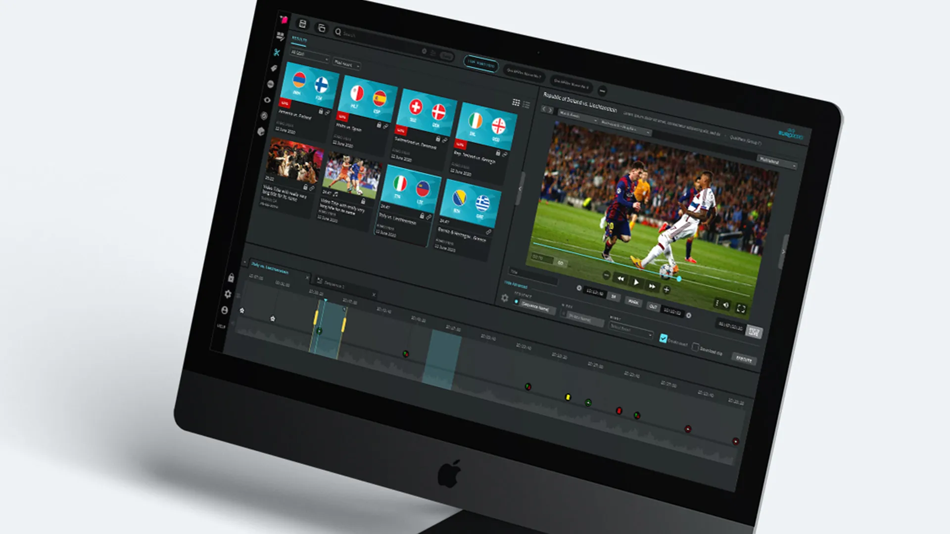 Mediabank on a desktop: Euro 2020 match clips, the player and a timeline with markers