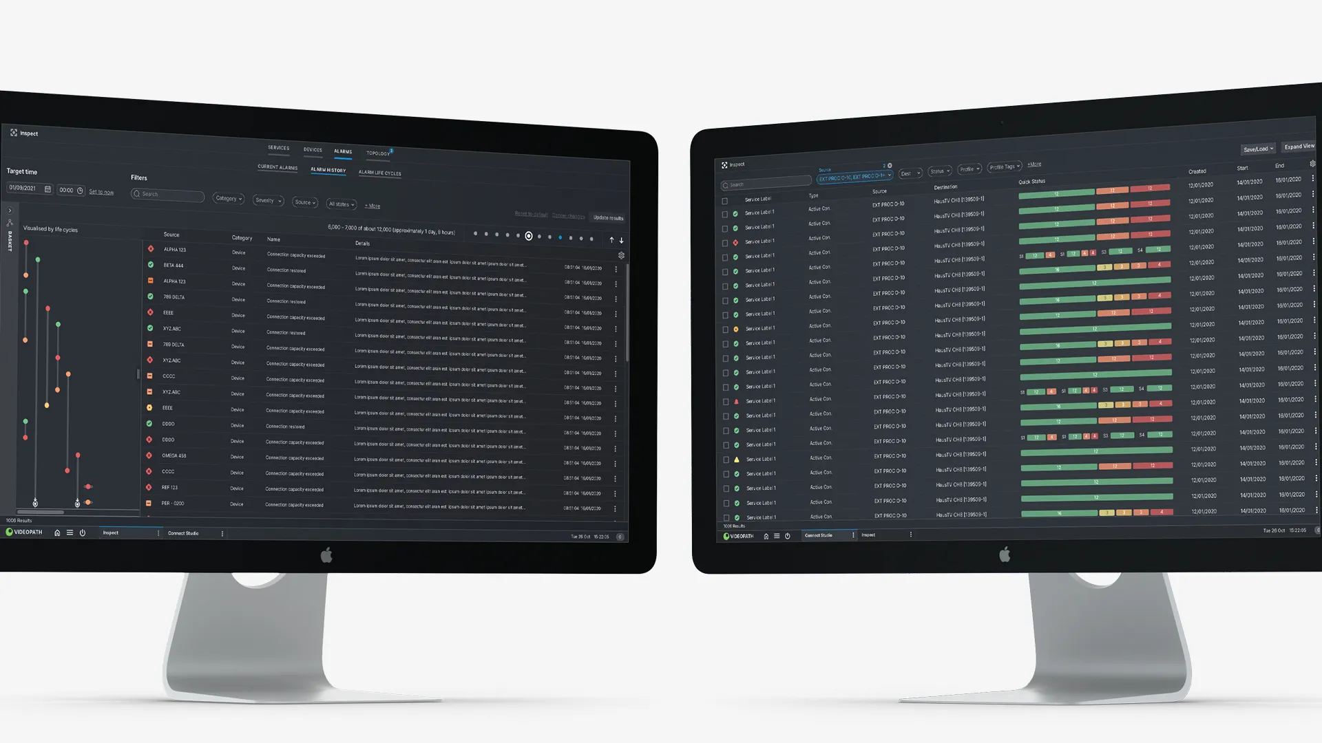 VideoIPath on two monitors: an Inspect alarm list with a timeline, and a services view with status bars