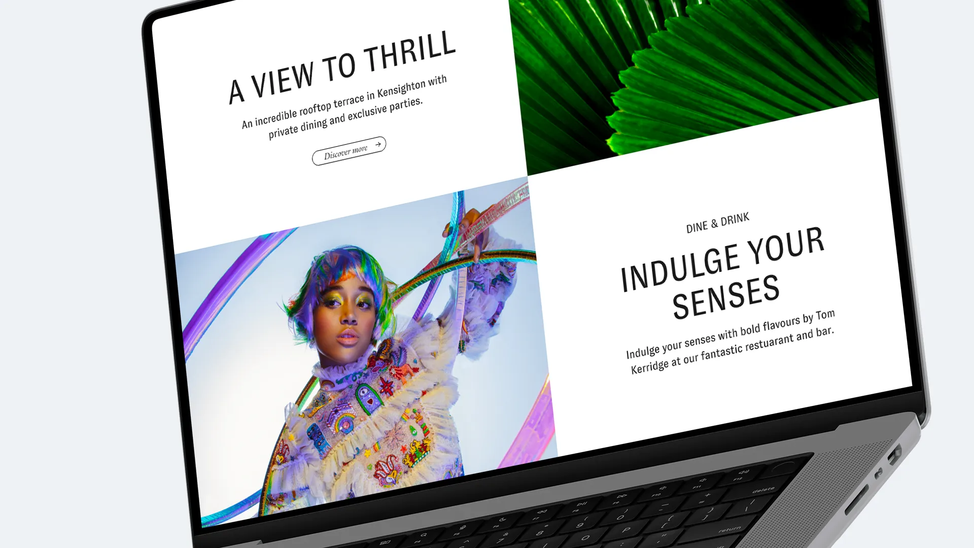 The Pavilion website on a laptop, with a rooftop terrace in Kensington and the Dine and Drink section
