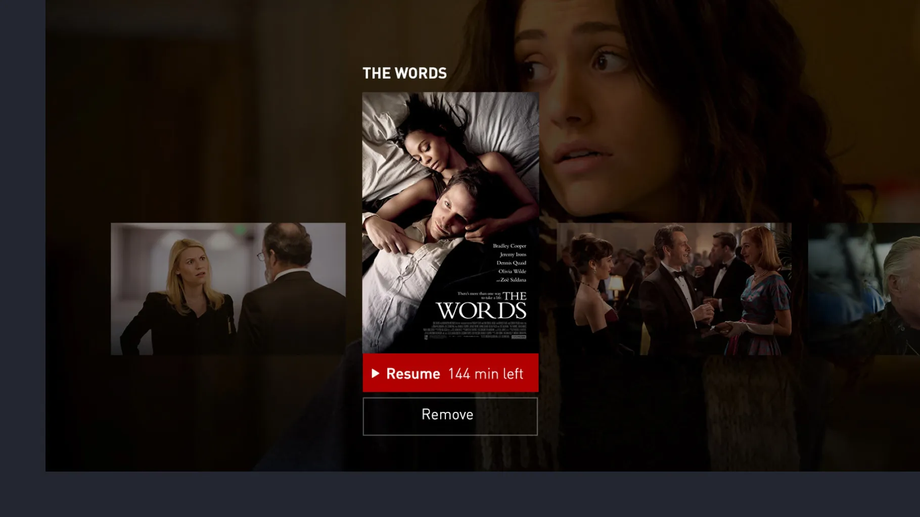 The Showtime TV app’s continue-watching row, with The Words selected and a Resume, 144 min left button