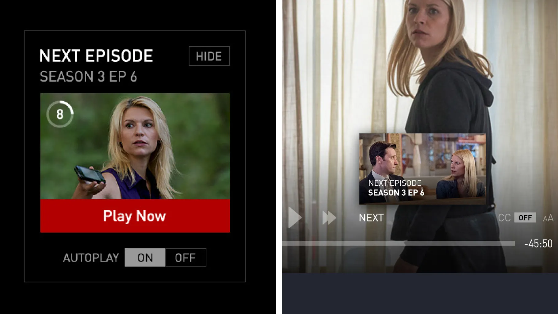 Showtime player details: a next episode card with Play Now and autoplay, and the next episode shown over the player controls