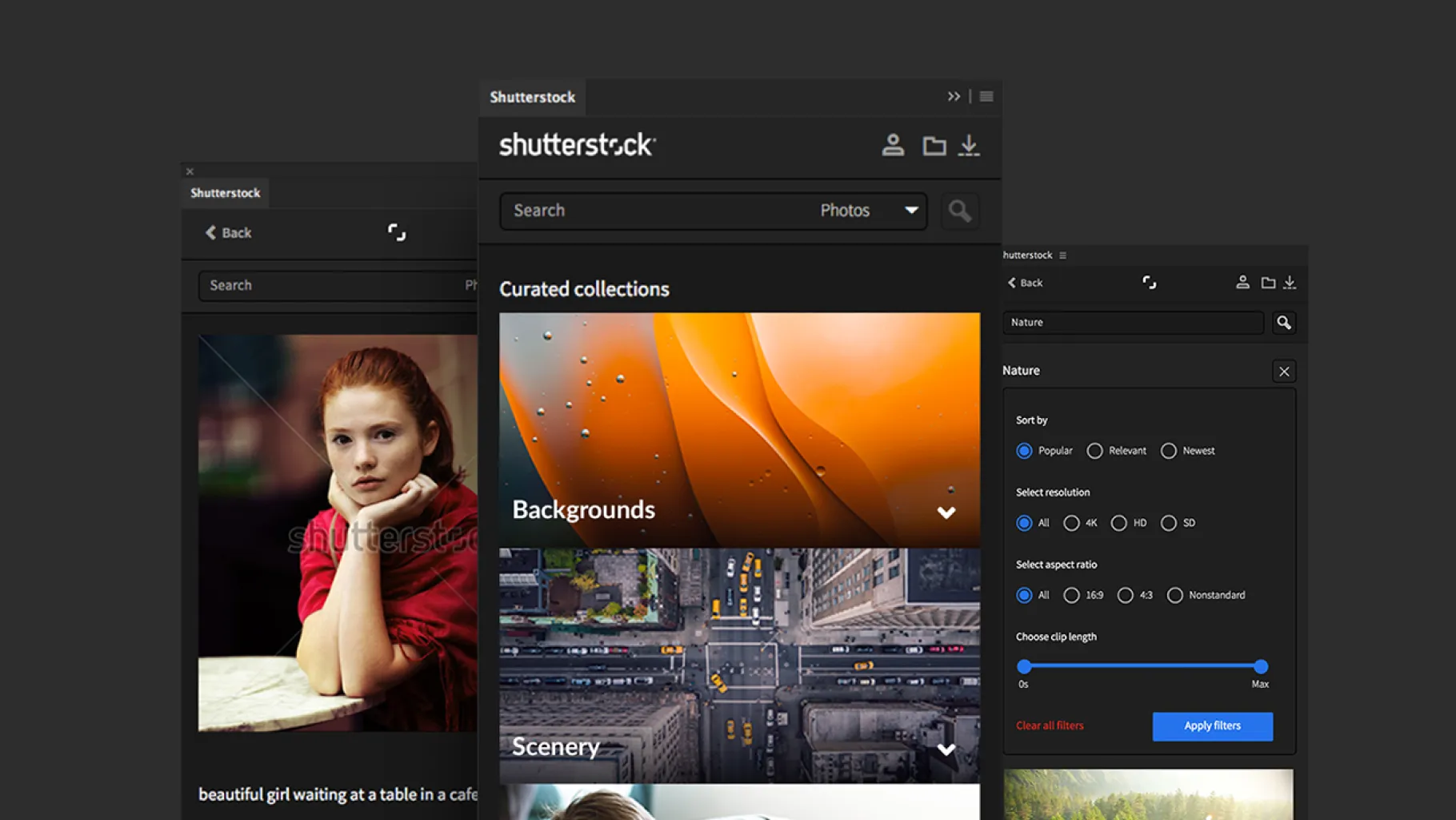 Three Shutterstock plugin panels: an image’s details, curated collections, and search filters
