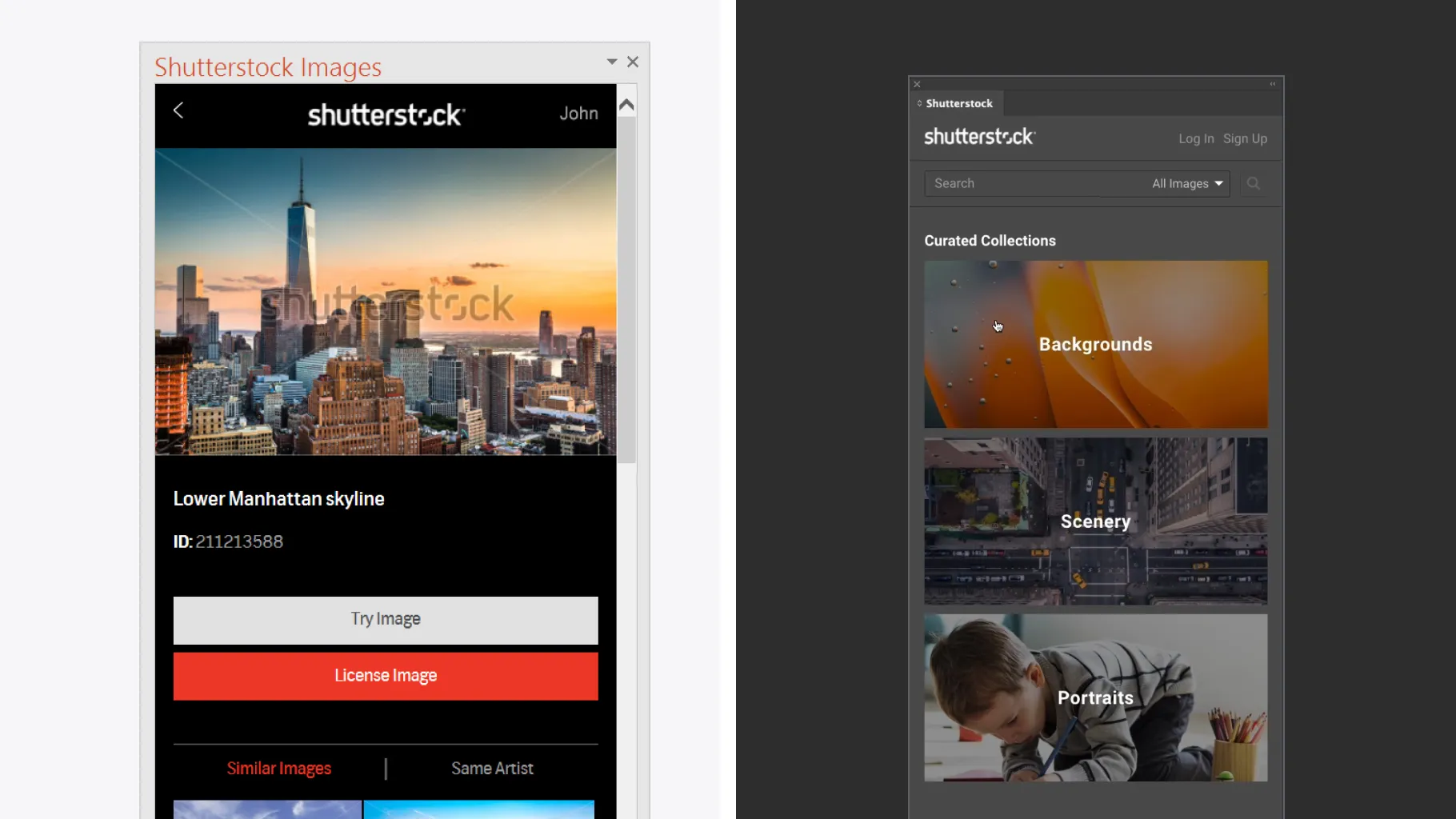 The Shutterstock plugin in Microsoft Office, showing the Lower Manhattan skyline, beside the Adobe plugin’s curated collections