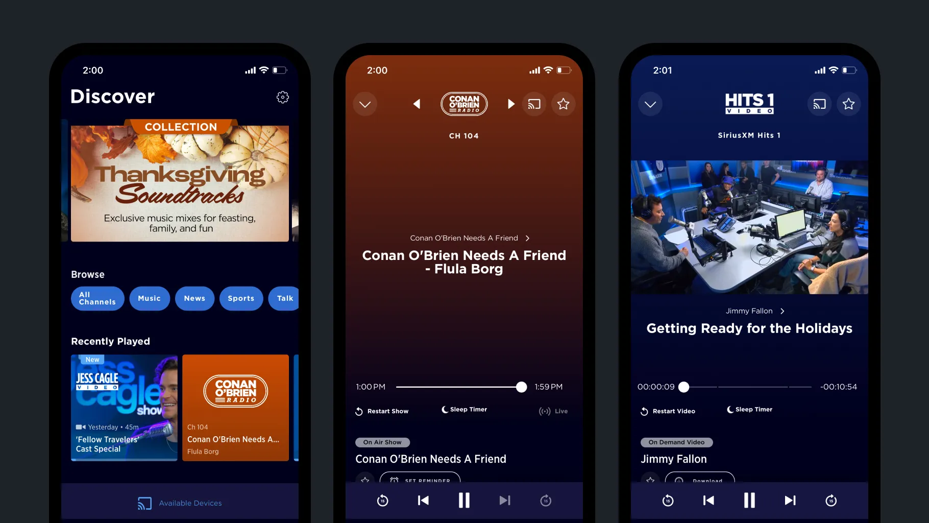 Three SiriusXM app screens on phones: Discover, a live Conan O’Brien show, and a Hits 1 video