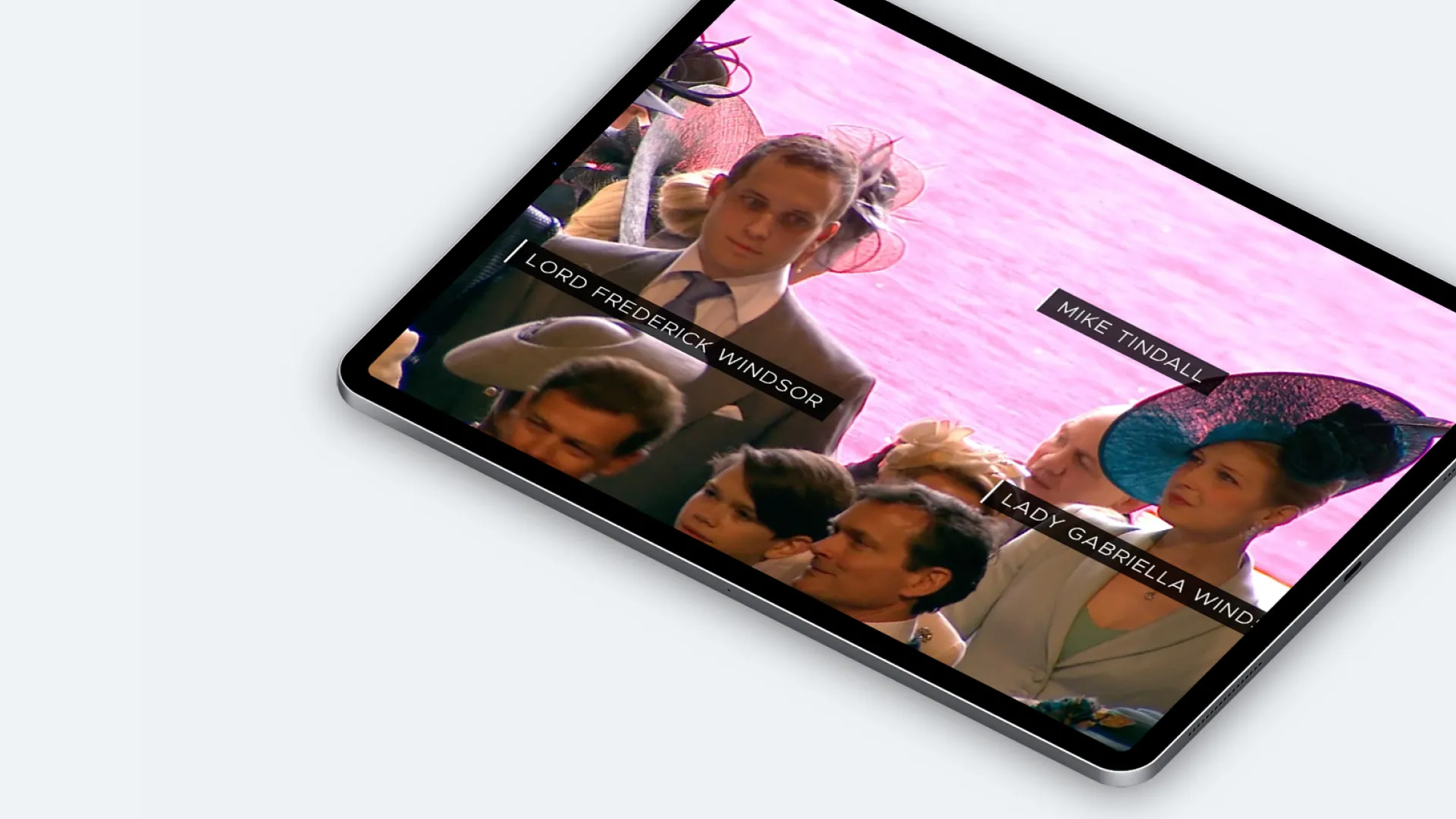 Royal wedding guests on a tablet, each labelled by name: Lord Frederick Windsor, Mike Tindall, Lady Gabriella Windsor