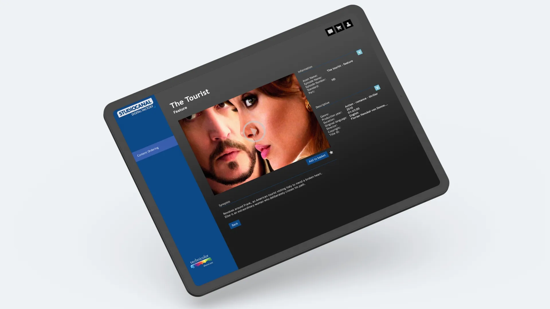 A StudioCanal title in Technicolor Showcase on a tablet: The Tourist, with its synopsis and an Add to basket button