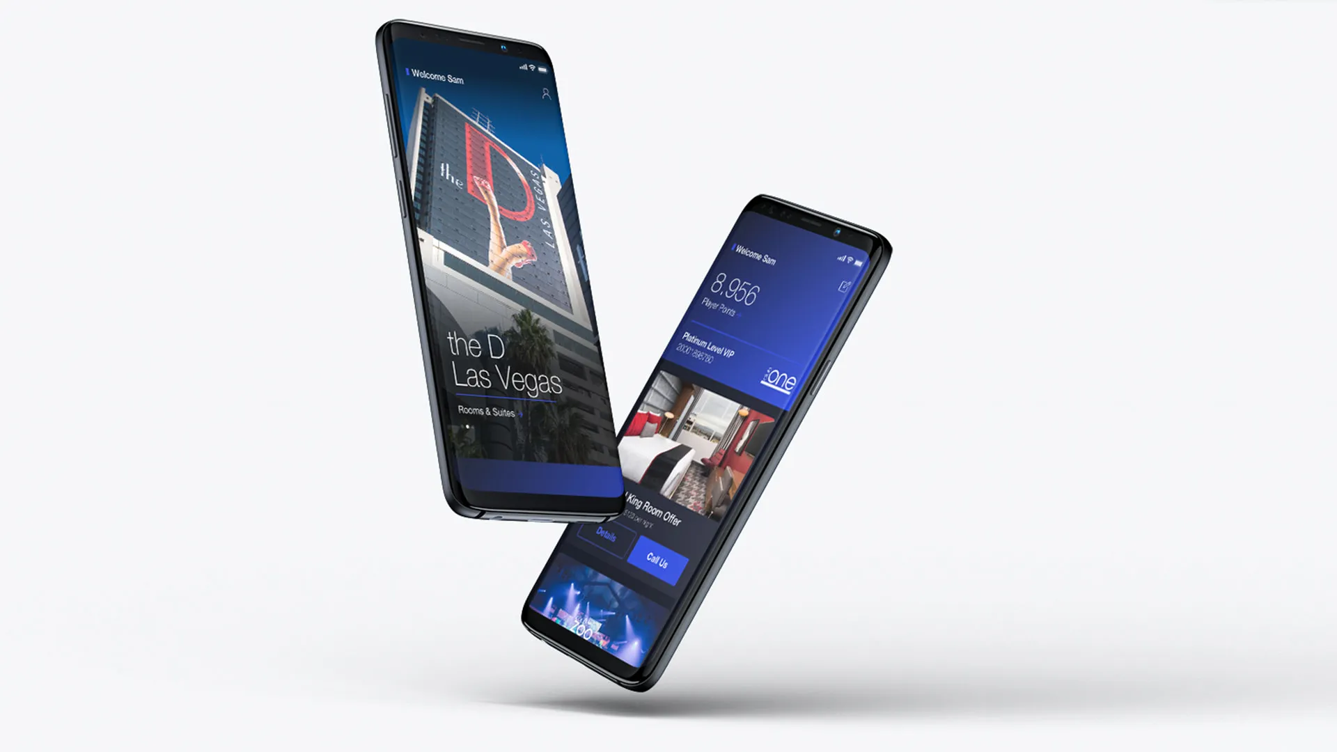 The Club One app on two phones: the D Las Vegas home screen, and a member’s points with a King Room offer