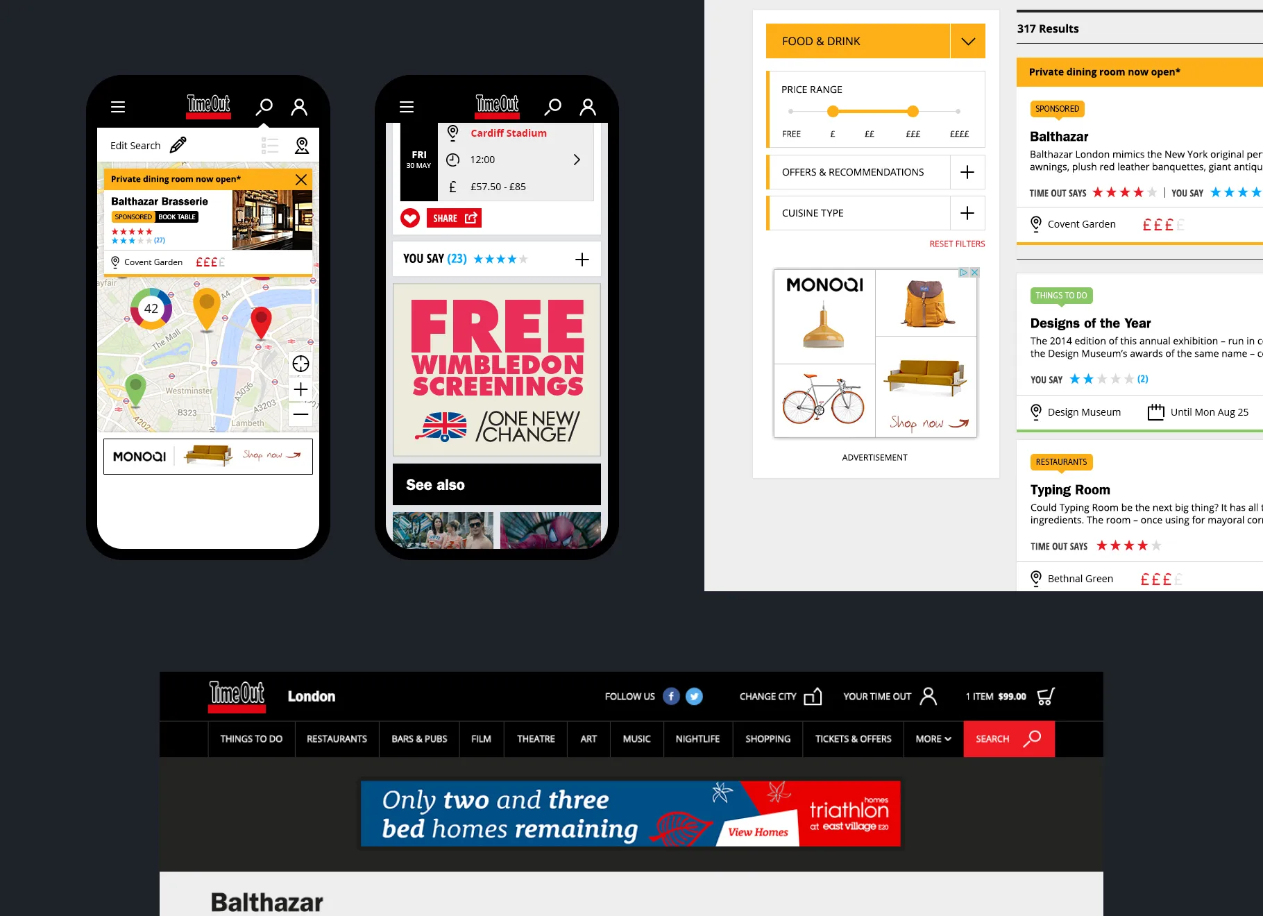 Time Out mobile and desktop pages showing sponsored listings and advertising placed among the content