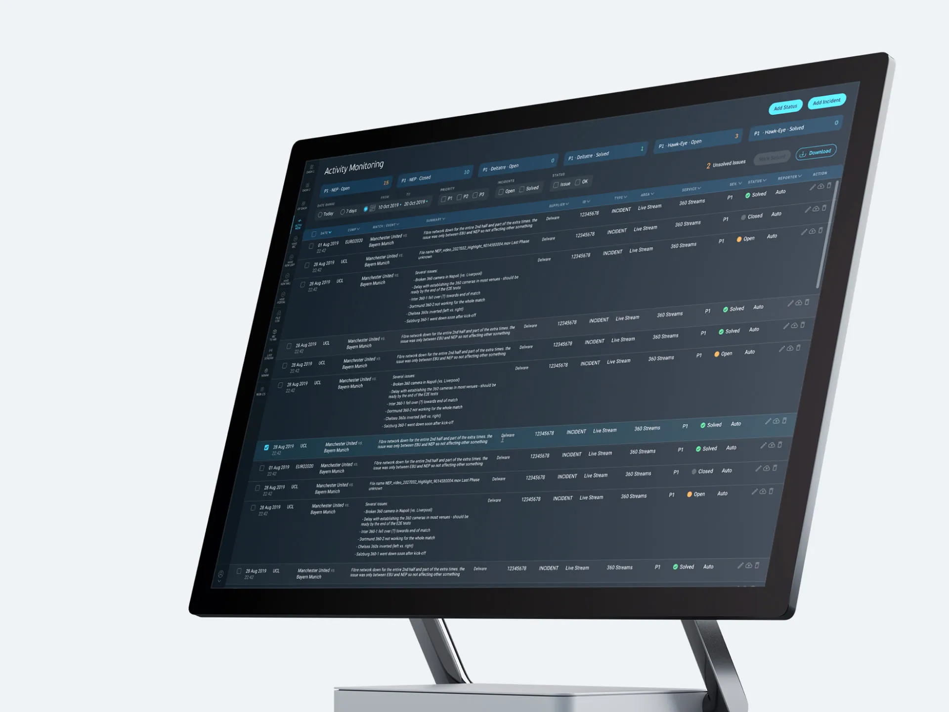 An activity monitoring dashboard on a desktop screen, listing match broadcast incidents with their priority and status