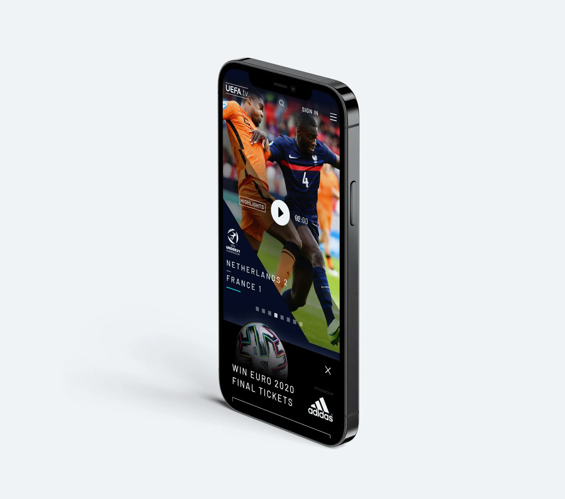 UEFA.tv on a phone, showing highlights of an Under-21 match between the Netherlands and France