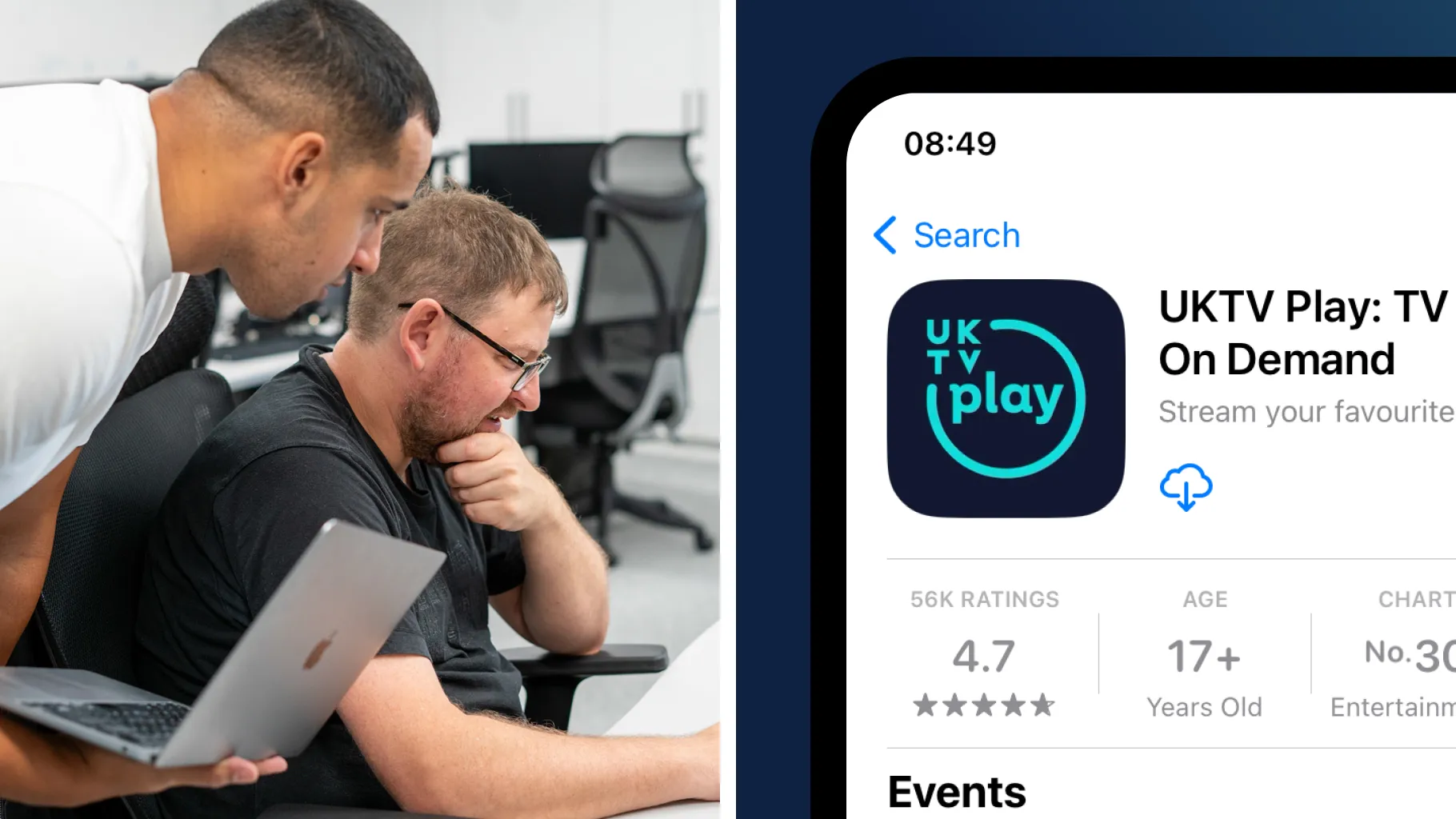 Two developers pairing at a laptop, beside UKTV Play: TV On Demand in the App Store