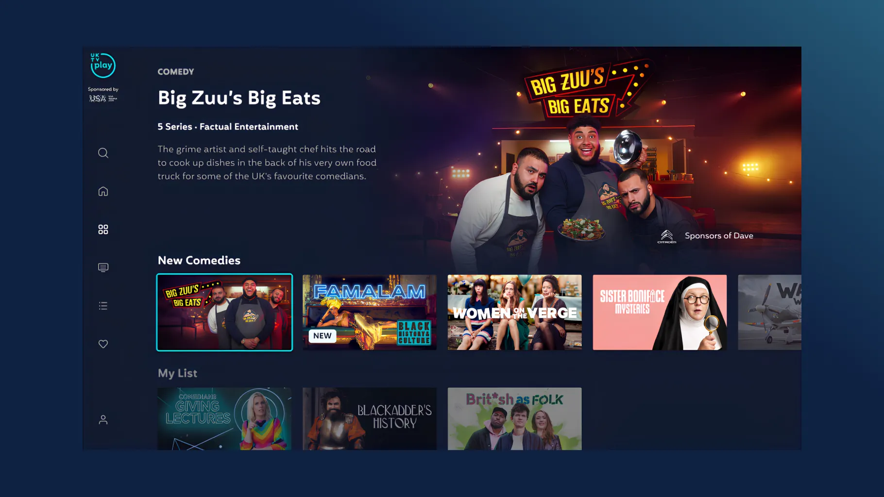 UKTV Play on TV: the Big Zuu’s Big Eats programme page, with New Comedies and My List rails