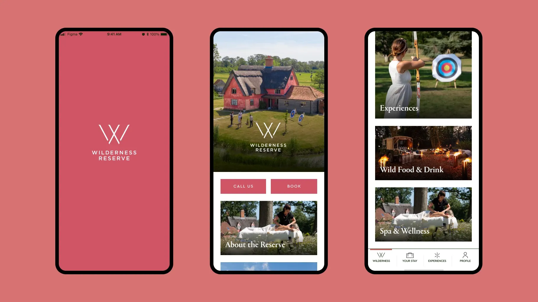 The guest app on three phones: the Wilderness Reserve splash screen, the home screen with Call Us and Book, and Experiences, Wild Food and Drink and Spa and Wellness