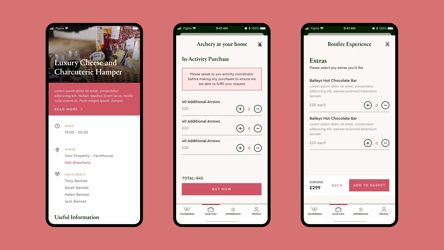 Buying in the guest app: a cheese and charcuterie hamper’s details, extra arrows bought during an archery session, and extras added to a bonfire experience