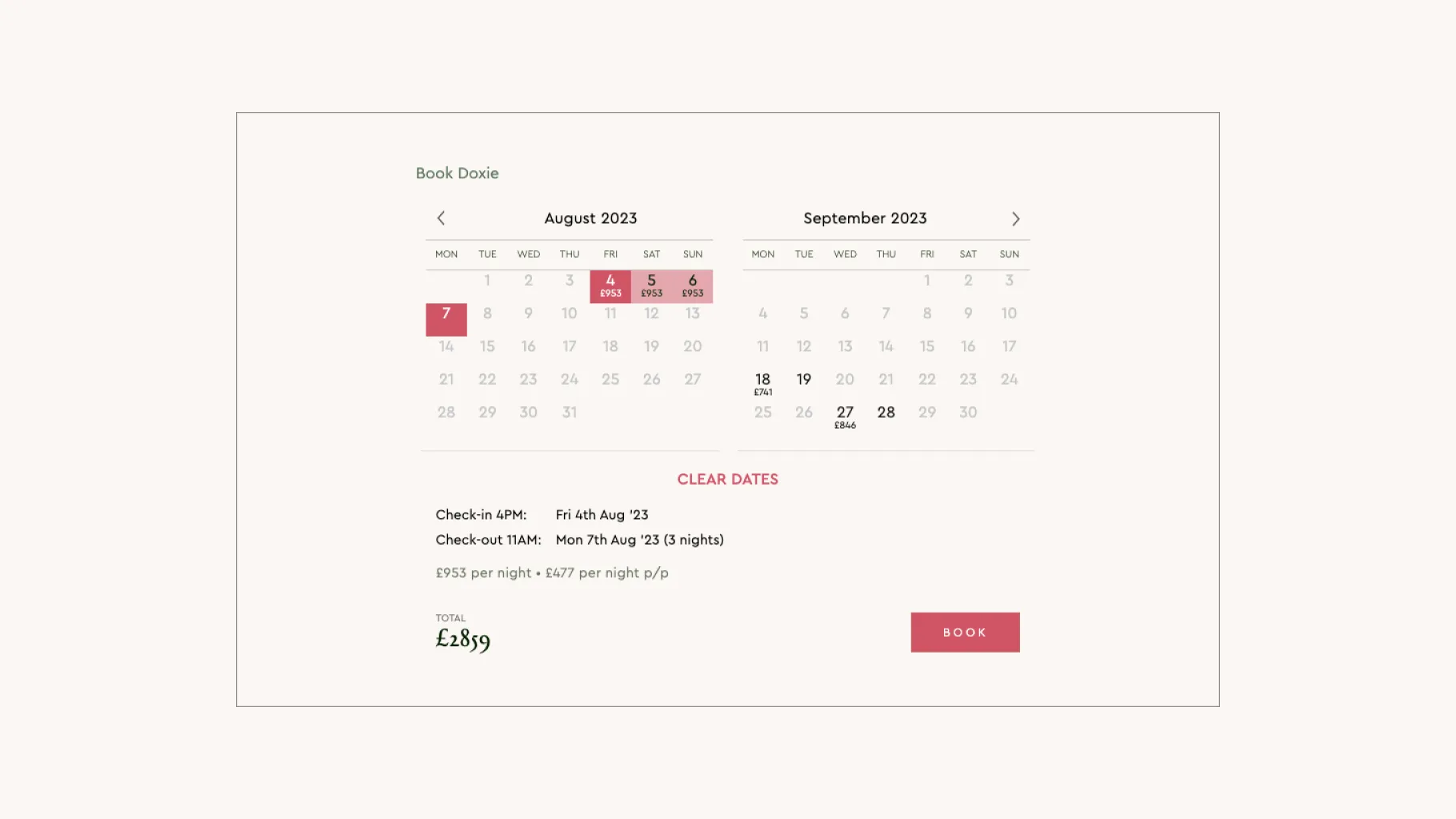 Booking a property online, an August and September calendar with nightly prices, check-in and check-out times and the total