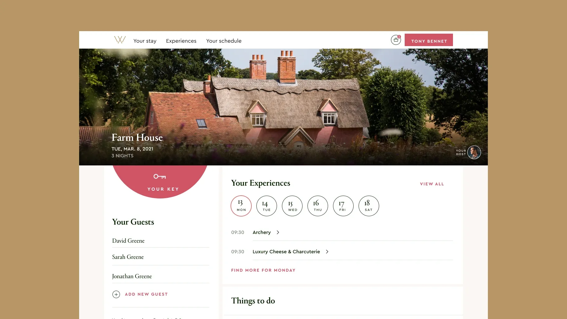 The guest portal for a three-night Farm House stay, with the digital key, the guest list and the day’s experiences