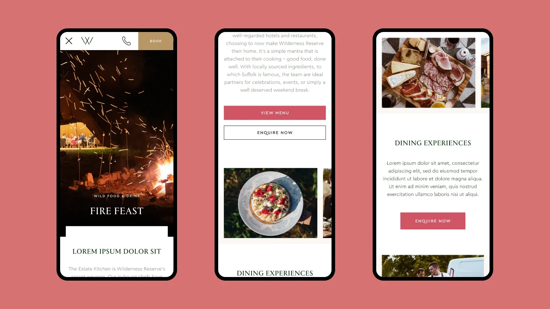 The mobile site’s Wild Food and Drink pages on three phones: a Fire Feast by a bonfire, a dessert with View Menu and Enquire Now buttons, and Dining Experiences