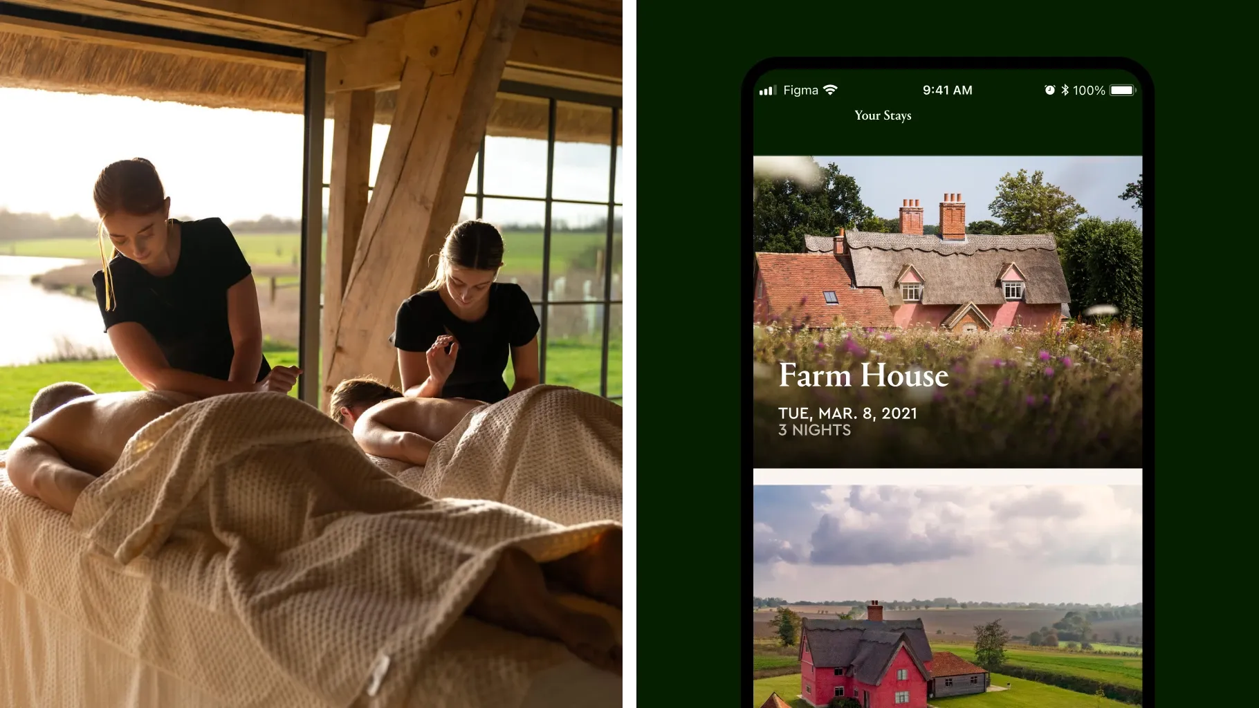 A couple’s massage in a lakeside treatment room, beside the guest app’s Your Stays screen showing the Farm House